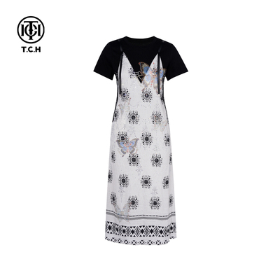 TCH私服烫钻亚麻轻薄宽松显瘦假两件圆领T恤连衣裙女T75B30E5143