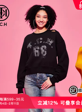TCH冬季潮牌轻奢重工烫钻字母数字黑色修身卫衣