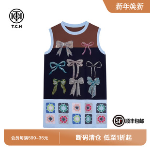 TCH轻奢潮牌蝴蝶结烫钻撞色刺绣中长款 连衣裙女T75B30E5303 无袖