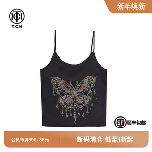 TCH2025新中式 系列轻奢烫钻蝴蝶黑色吊带背心T72A14E9008