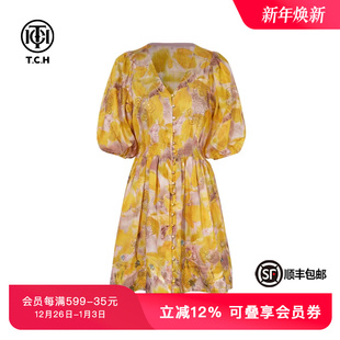 TCH私服烫钻花色度假风时尚 收腰显瘦V领气质连衣裙女T75B30E5183A