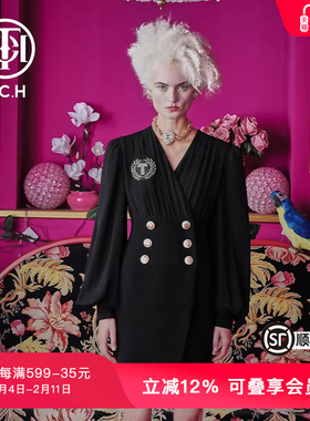 TCH轻奢潮牌新款重工烫钻复古设计感蓬蓬袖连衣裙T66A306126