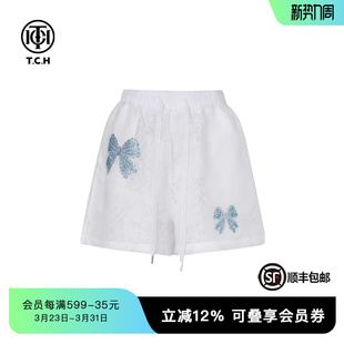 TCH私服烫钻工艺时尚 女T75A21E5023轻奢tch 休闲百搭蝴蝶结短裤