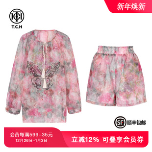 女T75B07E5078 套装 TCH私服烫钻清冷感气质长袖 轻薄上衣宽松短裤