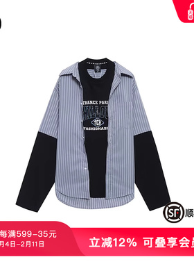 TCH潮牌烫钻条纹假两件情侣款衬衫夏新款潮流时尚T69B136003