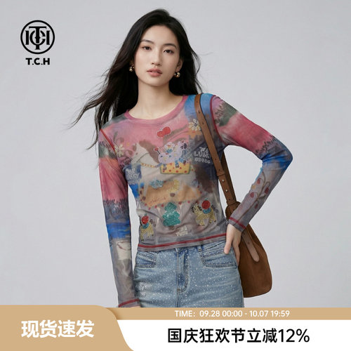 TCH童趣印花烫钻小马打底衫女装叠穿百搭甜辣风长袖圆领网纱上衣