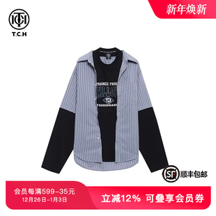 潮流时尚 夏新款 T69B136003 衬衫 TCH潮牌烫钻条纹假两件情侣款