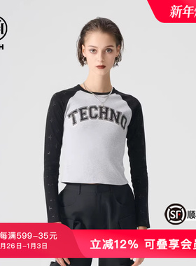 TCH轻奢系列长袖T恤春秋新款短款拼接时尚内搭T72A086009