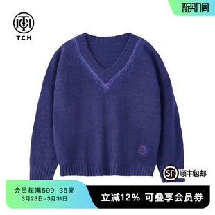 舒适T72C09E9015 春秋新款 TCH烫钻时尚 v领显瘦设计感宽松毛针织衫