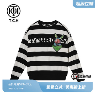 時(shí)尚 TCH潮牌童裝 衛(wèi)衣?tīng)C鉆兔子黑白條紋2025夏季 新款 T69B11609K