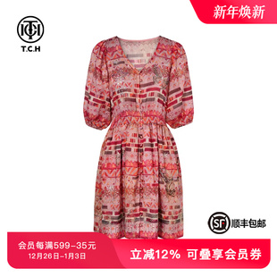 TCH私服烫钻亚麻度假风碎花V领宽松收腰显瘦连衣女夏T75B30E5219