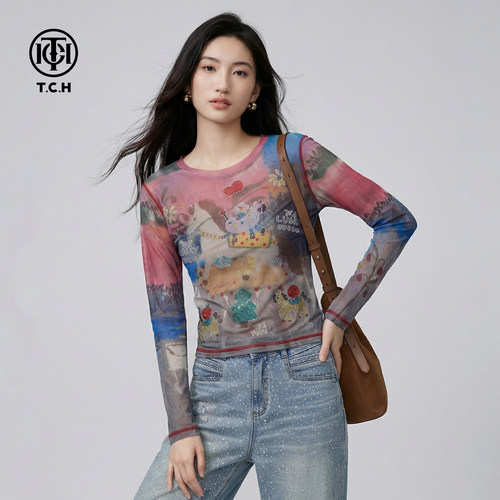 TCH童趣印花烫钻小马打底衫女装叠穿百搭甜辣风长袖圆领网纱上衣