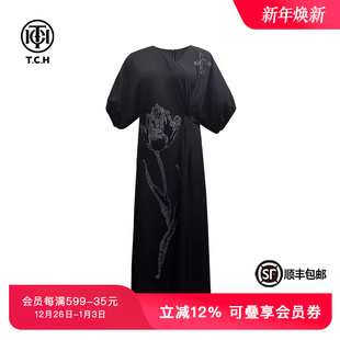 TCH轻奢时尚 潮牌玫瑰花烫钻V领收腰显瘦气质连衣裙女T75B30E1225