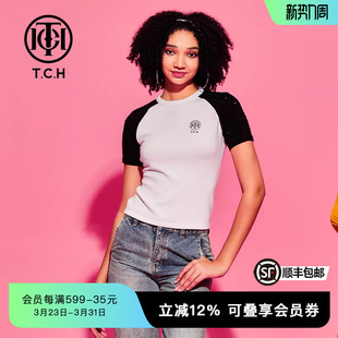 TCH潮牌小圆领烫钻T恤黑白拼色修身 上衣 显瘦春秋女士短袖