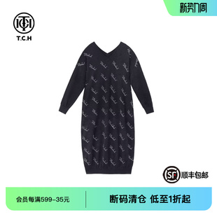 TCH春秋针织连衣裙烫钻法式 绵羊毛打底T72C30E9010 V领长款