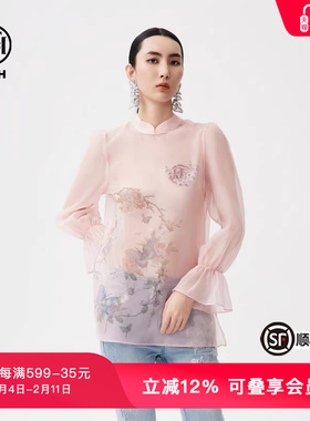 TCH春秋新款中国风烫钻衬衫复古文艺轻薄长袖T恤T72C086061