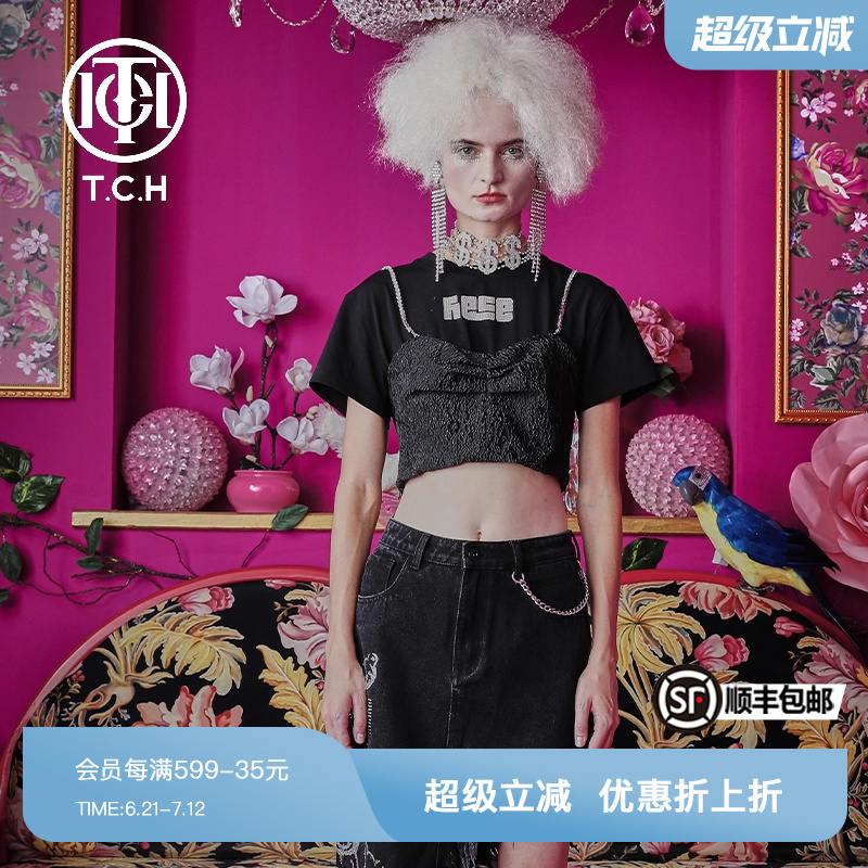 TCH轻奢潮牌夏季短袖珍珠抹胸吊带短T恤T66B106168