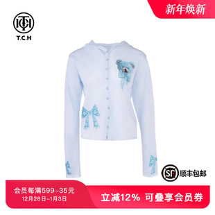 TCH私服蓝色小熊蝴蝶结烫钻时尚 T75A43E5005 休闲针织连帽开衫