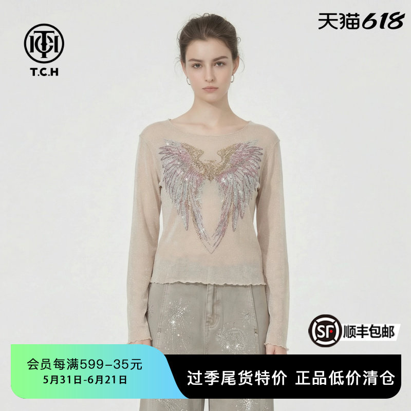 TCH26春款时尚翅膀烫钻米白色修身微透轻熟风打底衫女T78A02E1019