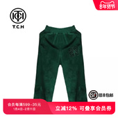 TCH春秋时髦百搭烫钻宽松字母绒绒串标绿色长裤 T72A20E6021