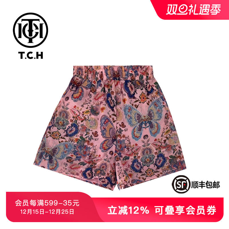 TCH潮牌新中式花色蝴蝶烫钻休闲短裤春秋新款T72B21E6032
