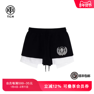 TCH潮牌抽绳松紧腰烫钻短裤春秋新款小众撞色裤子女S69B216016