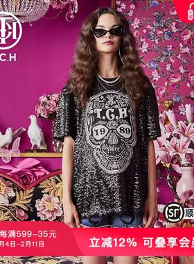 TCH潮牌轻奢潮牌短袖T恤烫钻手工刺绣大翅膀男女黑色T66A106106