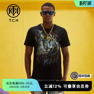 TCH潮牌烫钻狮子头霸气T恤