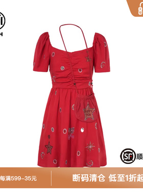 TCH私服烫钻红色连衣裙女夏收腰显瘦气质法式A字短裙T75B30E5280