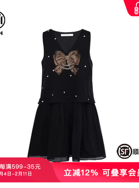 TCH轻奢夏季新款烫钻V领背心连衣裙女黑色百褶短裙T75B30E1091