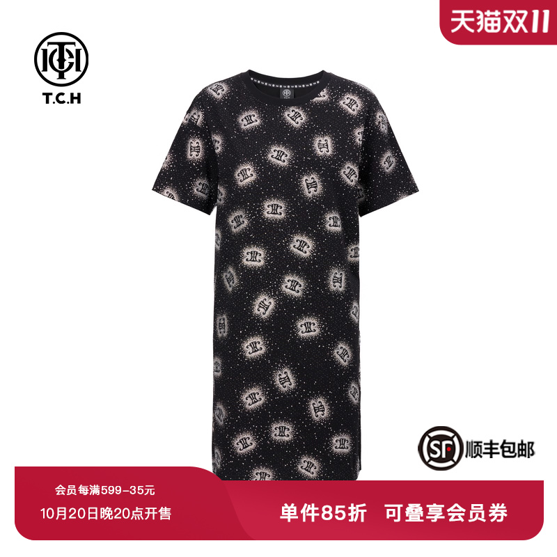 TCH烫钻满印logo时尚百搭黑色T恤连衣裙女夏季新款T75A30E1010