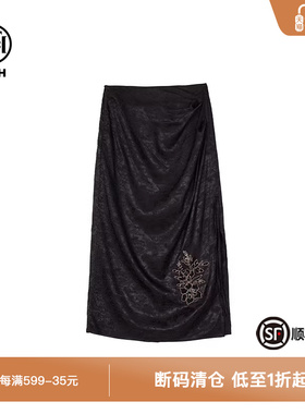 TCH新中式重工手缝烫钻修身显瘦黑色半身裙T72A22E8002