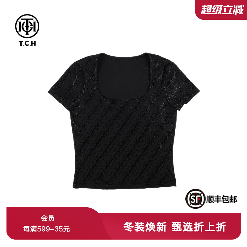 TCH夏季新款轻奢烫钻黑色短袖修身显瘦时尚T恤女T72B106039