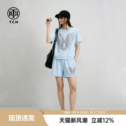 TCH烫钻翅膀蓝色休闲风套装女2026夏季新款宽松短袖t恤短裤两件套