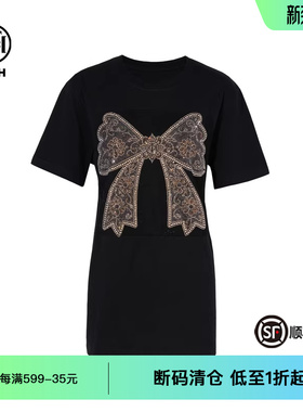 TCH私服轻奢感蝴蝶结烫钻时尚黑色短袖T恤春秋新款T75C10B1029