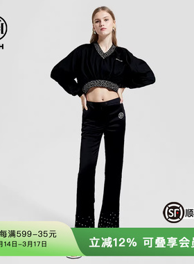 TCH潮牌高定手缝烫钻春秋黑色短款卫衣T69C11E6003