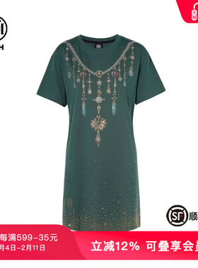 TCH轻奢时尚潮牌烫钻高定华丽宝石项链绿色连衣裙T75B30E1182