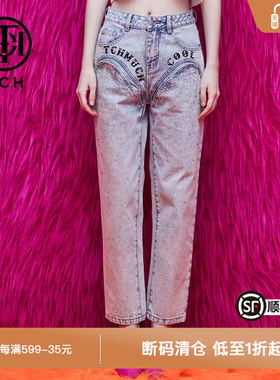 TCH潮牌烫钻休闲直筒牛仔长裤T69B208003