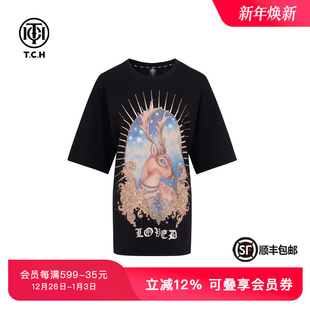 TCH轻奢烫钻工艺字母洋气梅花鹿钻休闲T恤T72C10E6001私服tch