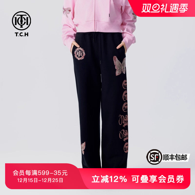 TCH潮牌美式街头阔腿裤卫裤春秋新款烫钻蝴蝶休闲宽松直筒裤