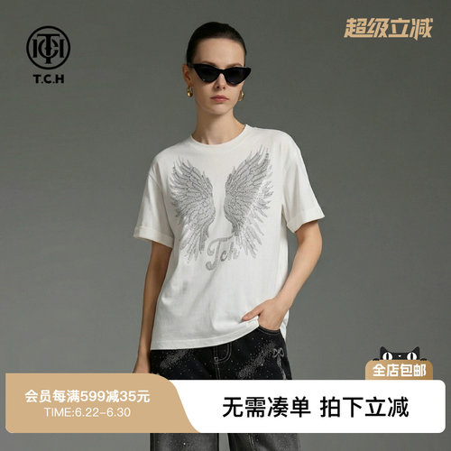 TCH卷边袖烫钻翅膀圆领短袖T恤