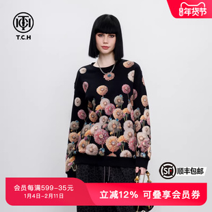 TCH潮酷个性宽松百搭烫钻花朵圆领卫衣男女同款年春秋新款