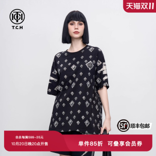 新款 夏季 T恤男女同款 TCH烫钻满印翅膀潮流宽松休闲黑色短袖