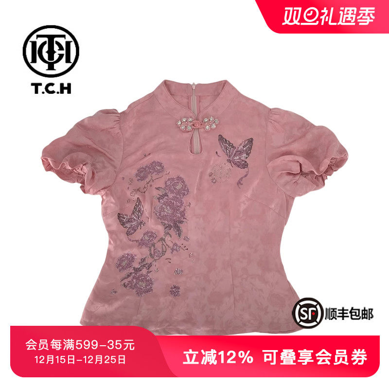 TCH潮牌蝴蝶花卉烫钻新中式白粉色T恤夏新款个性T72B10E8060