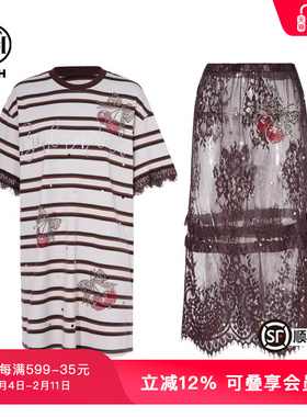 TCH私服樱桃烫钻设计感条纹T恤连衣裙蕾丝纱裙套装女T75B07E1026