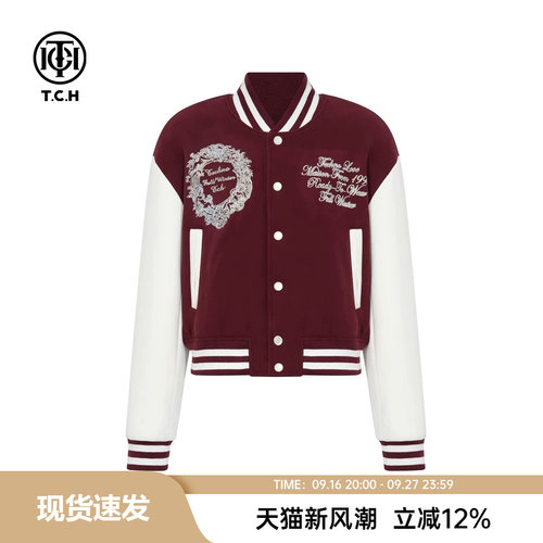 TCH轻奢烫钻25秋冬新款美式潮牌棒球领撞色夹克外套女T75C16E9005