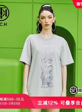 TCH潮牌短袖T恤烫钻太空兔夏季新款男女灰色圆领衫T69B106066