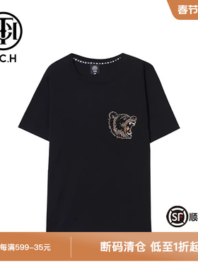 TCH轻奢潮牌新款烫钻咆哮熊黑色T恤T66C106021