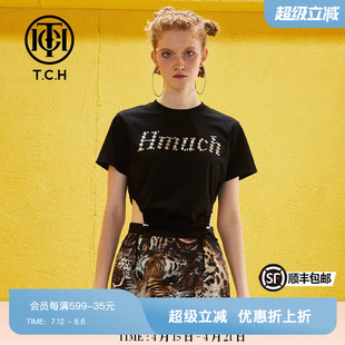 TCH潮牌T恤燙鉆字母?jìng)€(gè)性 T69B106043 女士黑色短袖 收腰2025春夏新款