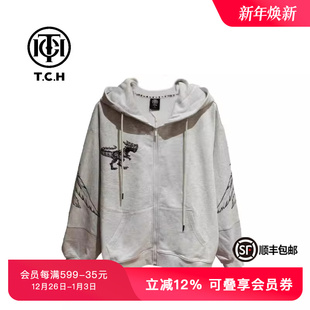 TCH春秋恐龙字母翅膀烫钻连帽灰色外套拉链衫 T72A17E6001